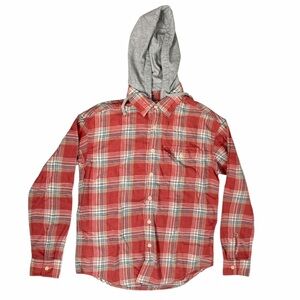 American Eagle Plaid Flannel Shirt Removeable Hood Cabincore Red - Size S